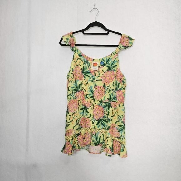 Farm Rio For Anthropologie Yellow Floral Ruffled Tank Button Front Top Large - Picture 3 of 11